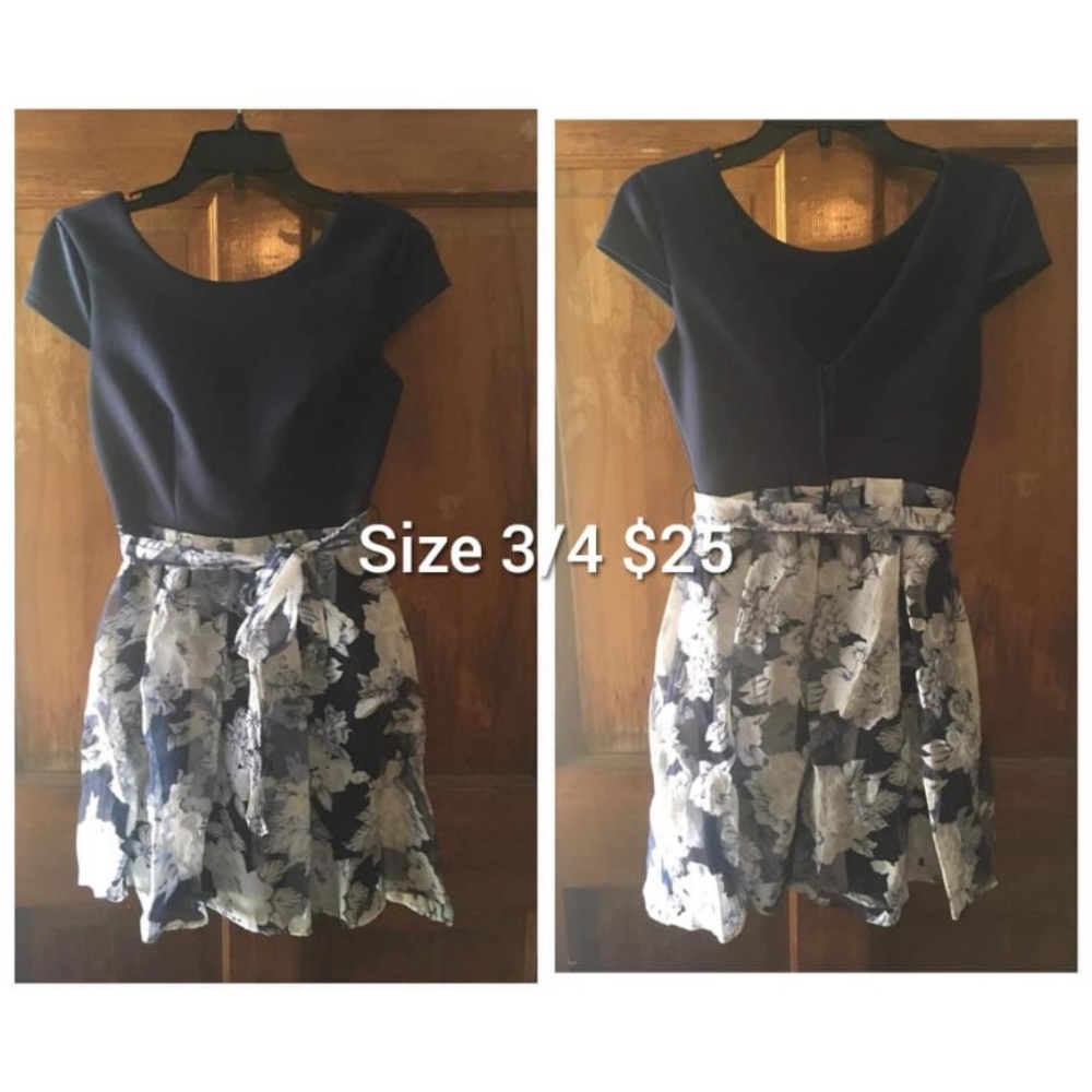 Homecoming dress size 3/4. It’s navy up top & light blue flowers at the bottom.
